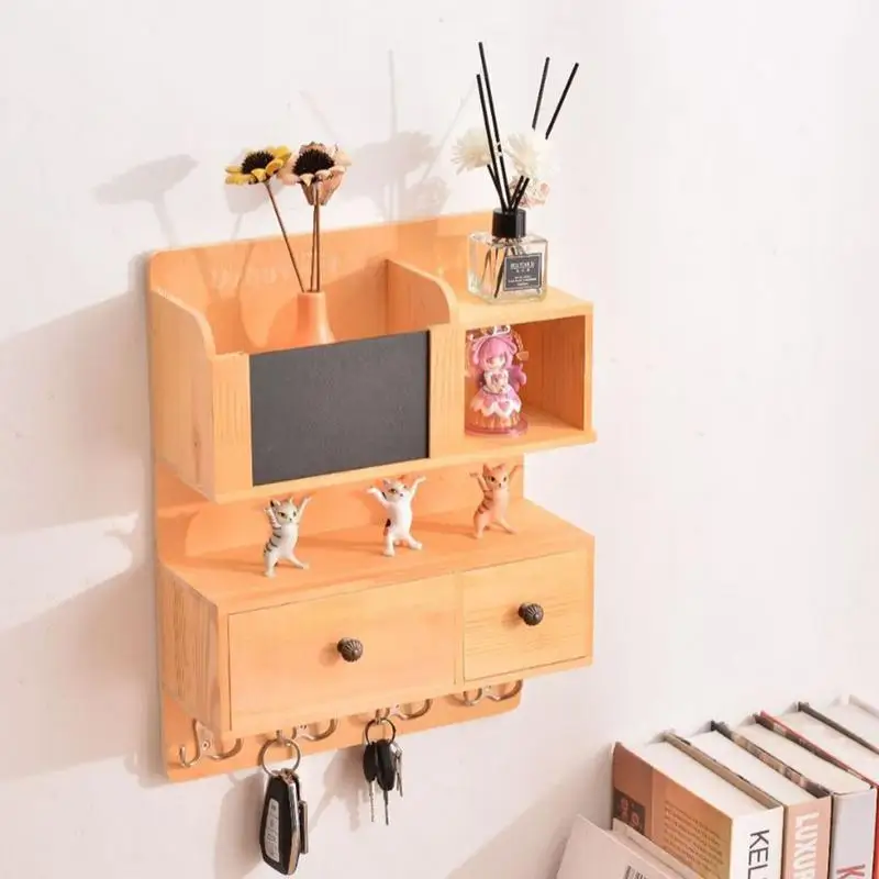 Wooden Wall Key Holder with 4 Hooks Mail Organizer with Shelf and Chalkboard Home Decor for Entryway Hallway