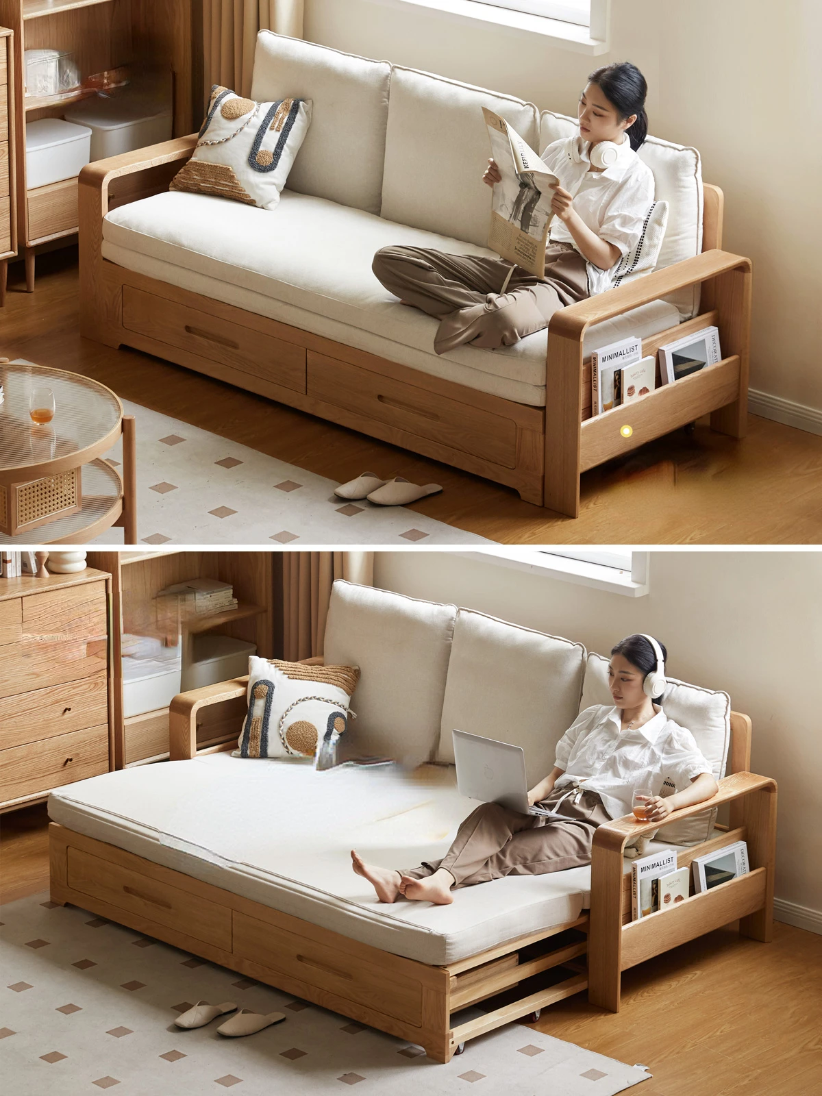 Foldable Two-Purpose Sofa Multi-Functional Small Apartment Oak Storage Telescopic Bed