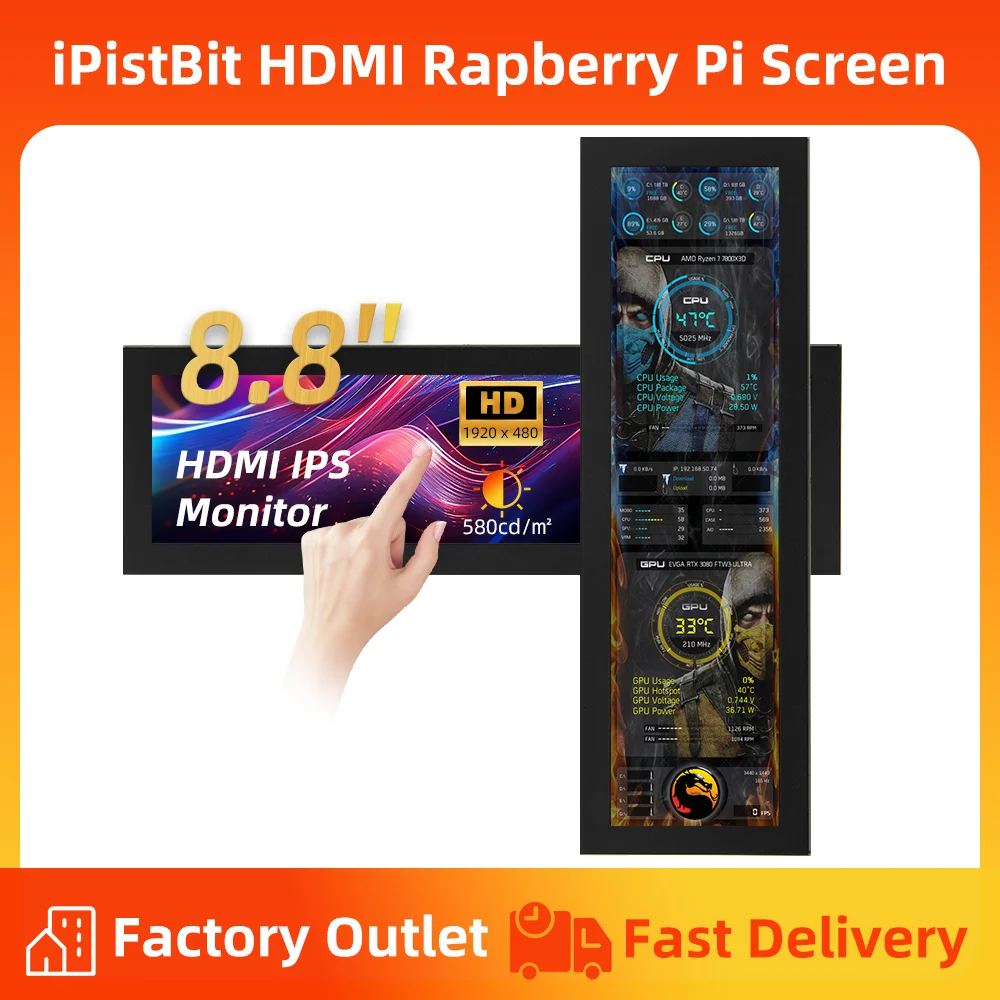 8.8Inch 1920x480 HDMI Secondary Screen IPS LCD Display for PC Chassis CPU RAM GPU PC Case Monitor Display