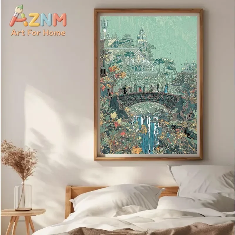 AZNM Fantasy Middle‑earth Hobbit Canvas Wall Art Magical Elf Castle Scenery Print Poster for Geek Fan Living Room Bedroom Home W