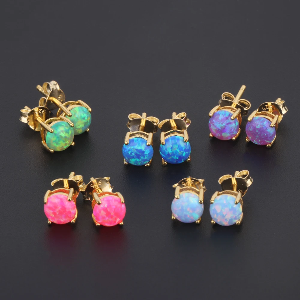 

925 Silver Stud Earrings for Women Round Gemstone Opal Jewelry