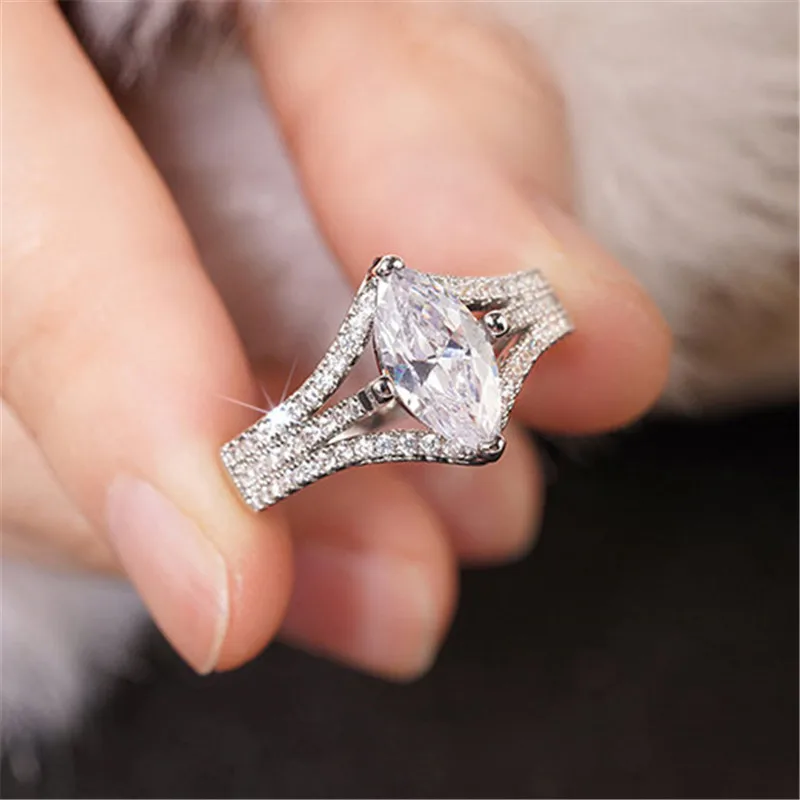 925 فضة عصري فاخر ماركيز قطع الدائري للنساء مشرق AAA مكعب زركونيا المشاركة الزفاف الزفاف الفرقة مجوهرات