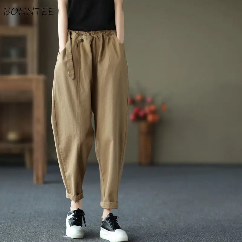 

Harem Pants Women Solid Loose Elastic Waist American Style Simple Retro Students Clothing Autumn All-match Trendy Comfortable