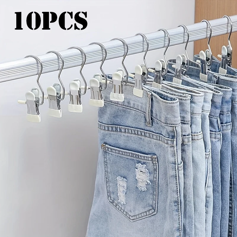 10pcs Stainless Steel Clothespins with Hook Laundry Organizer Portable Hanging Clip Closet Hanger Efficient Clothes Management