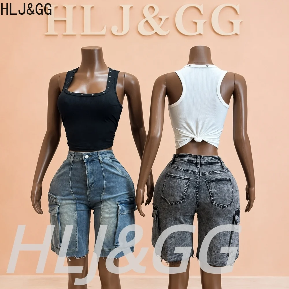 HLJ&GG Fashion Denim Pocket Straight Shorts Two Piece Sets Women Ribber Rivet Slim Tank Top And Jean Shorts Outfits Streetwear