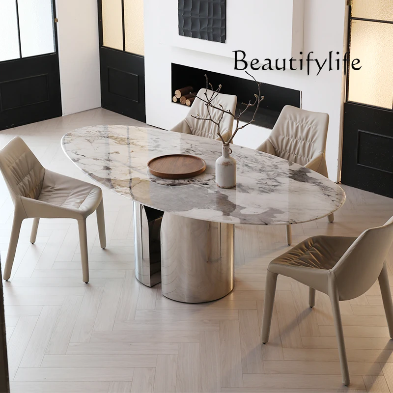 

SS Oval White Marble Kitchen Dining Table With Study Stainless Steel Base Modern Dining Room Table For Home Kitchen
