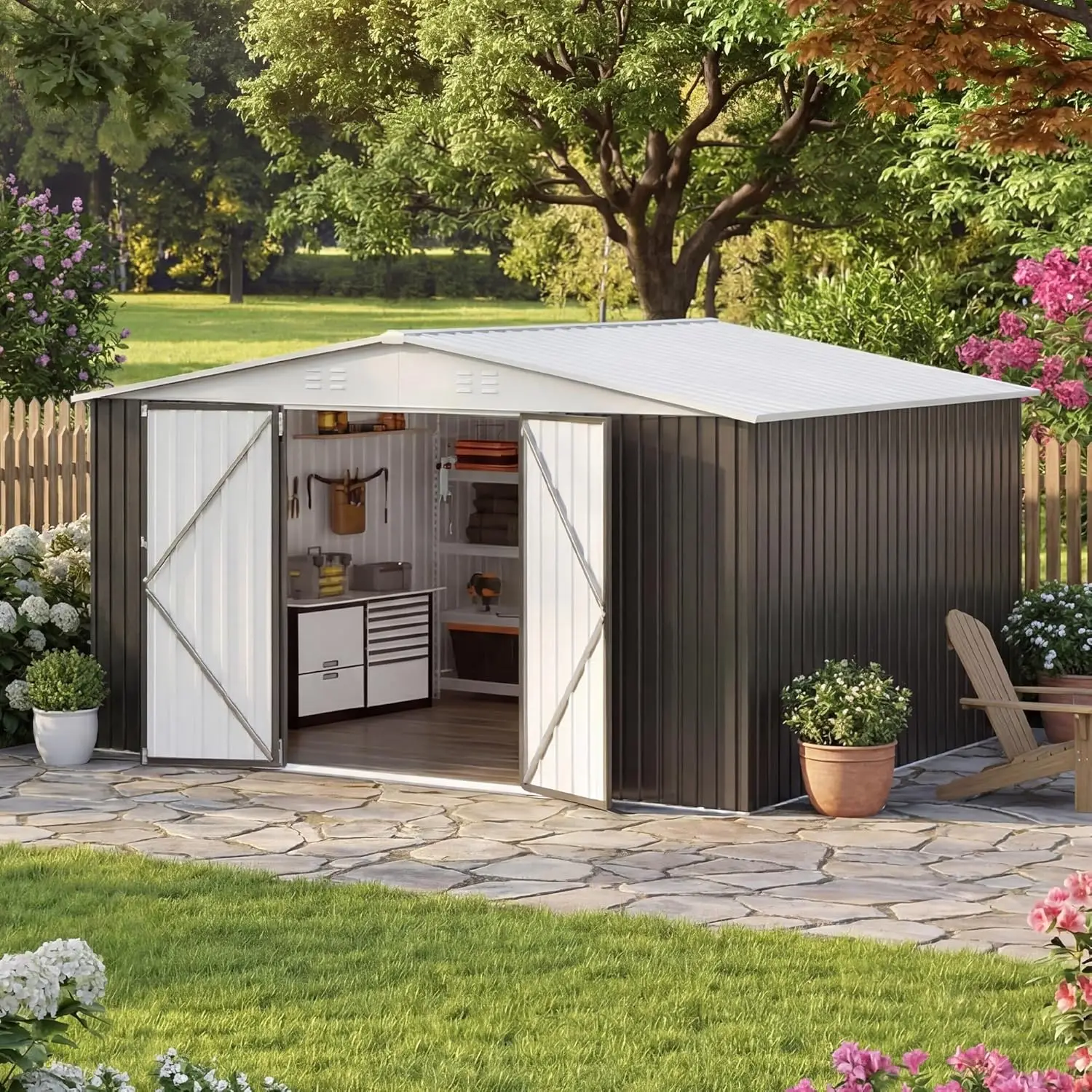 12x14 FT Storage Shed,Garden Shed with Updated Frame Structure and Lockable Doors, Metal Tool Sheds for Backyard, Customized