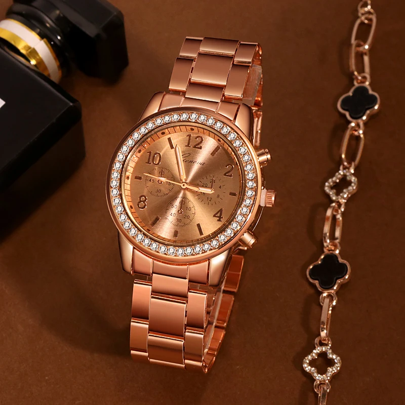 Geneva-Reloj con diamantes de imitación para Mujer, pulsera de cuarzo con banda de aleación de Metal plateado, informal, femenino