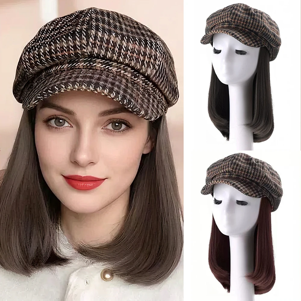 10inch Synthetic Short Straight Wig with Beret No Trace Connect Hat Wig for Women Natural Fluffy Hat Hair Extensions