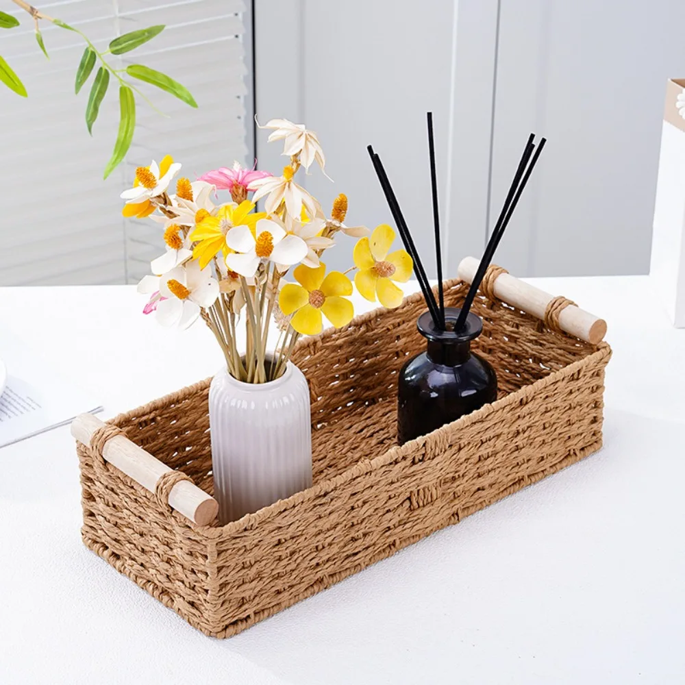 Retro Braided Toilet Paper Basket Wood Handle Ventilated Sundry Storage Basket Rectangular Handwoven Cabinet Organizer