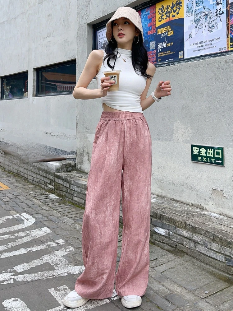 Pants Women Tie Dye Elastic Waist Loose Casual Comfortable All-match Streetwear Thin Wide Leg Elegant Fresh Temperament Summer