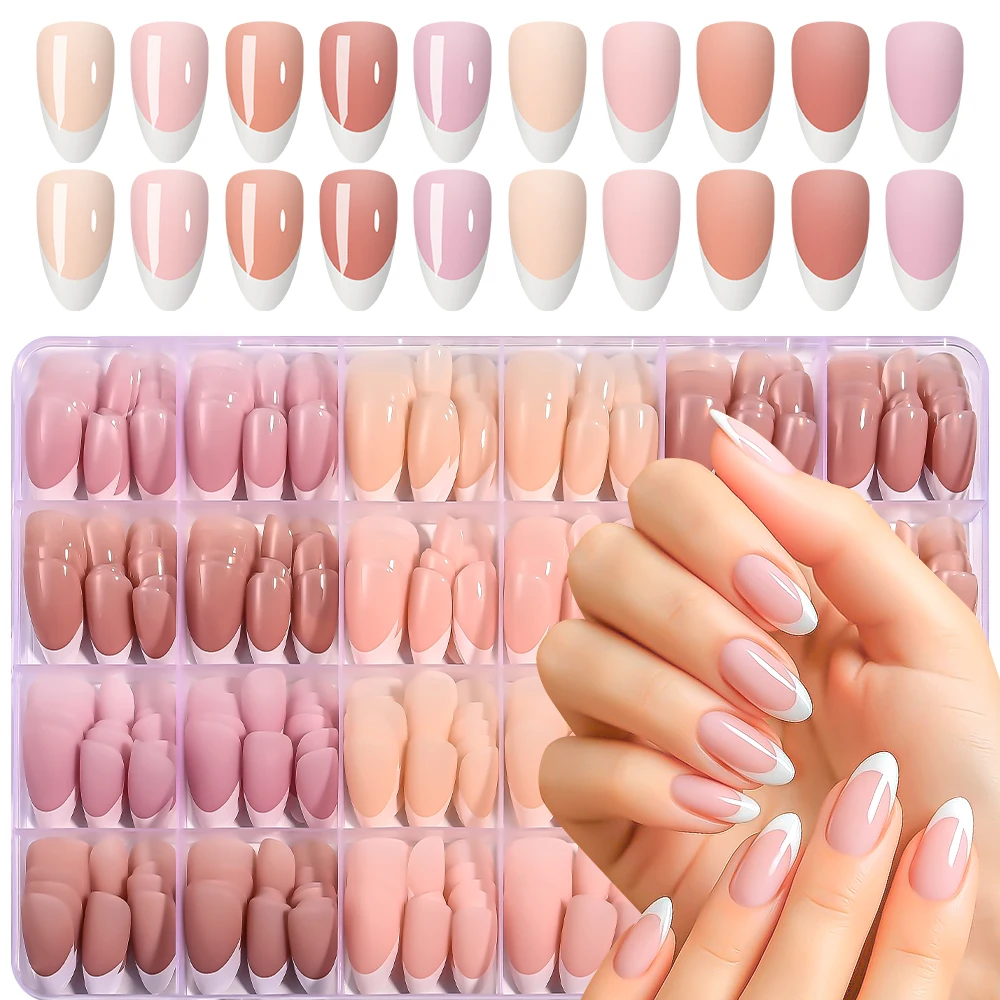 360Pcs/Box Almond French Fake Nails Brown/Nude/Pink Acrylic Soft Gel Tips Press On Nails 12 Size Full Cover Wearable False Nails