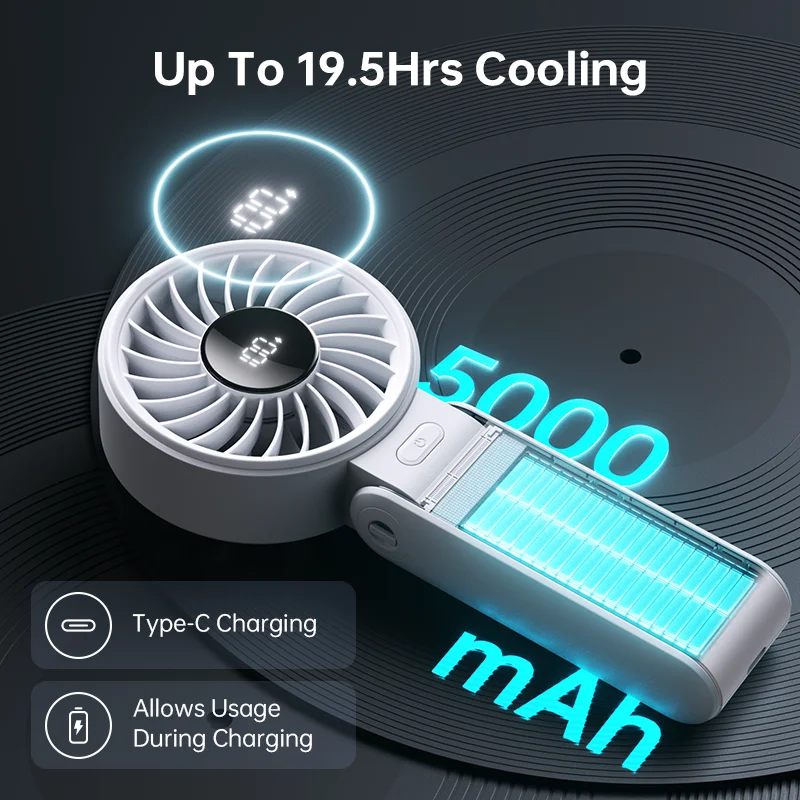 JISULIFE Tragbarer Handventilator, tragbarer Ventilator mit LED-Anzeige [maximale Kühlung 19,5 Stunden] 5000 mAh, 150 °   Biegsamer 5-Gang-Ventilator mit Trageschlaufe; 3-in-1