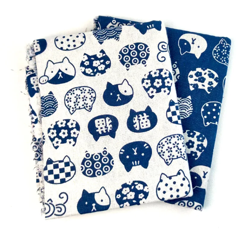 Japanese Auspicious Cat Printed Linen Cotton Fabric, 1.5 Meters Wide. Suitable for DIY Handcrafting of Kimono and Tablecloths.