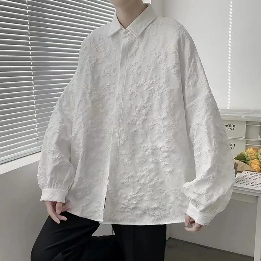 

New Crumpled Jacquard Shirt Loose Fashion Solid Color Casual Turn-down Collar Top New All-match Bat Wing Sleeve ﻿