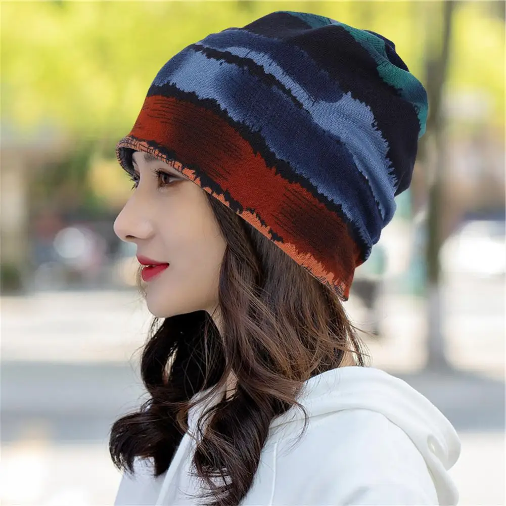 Color Matching Cap Stylish Unisex Fall Winter Hat Striped Color Matching Elastic Fit Baggy Ear Soft for Hop