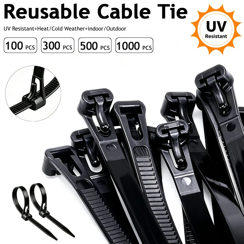 50/500/1000PCS Tie Wraps UV Resistant, Reusable Wire Ties, Adjustable Zipties Nylon for Indoor Outdoor Cable Management Work