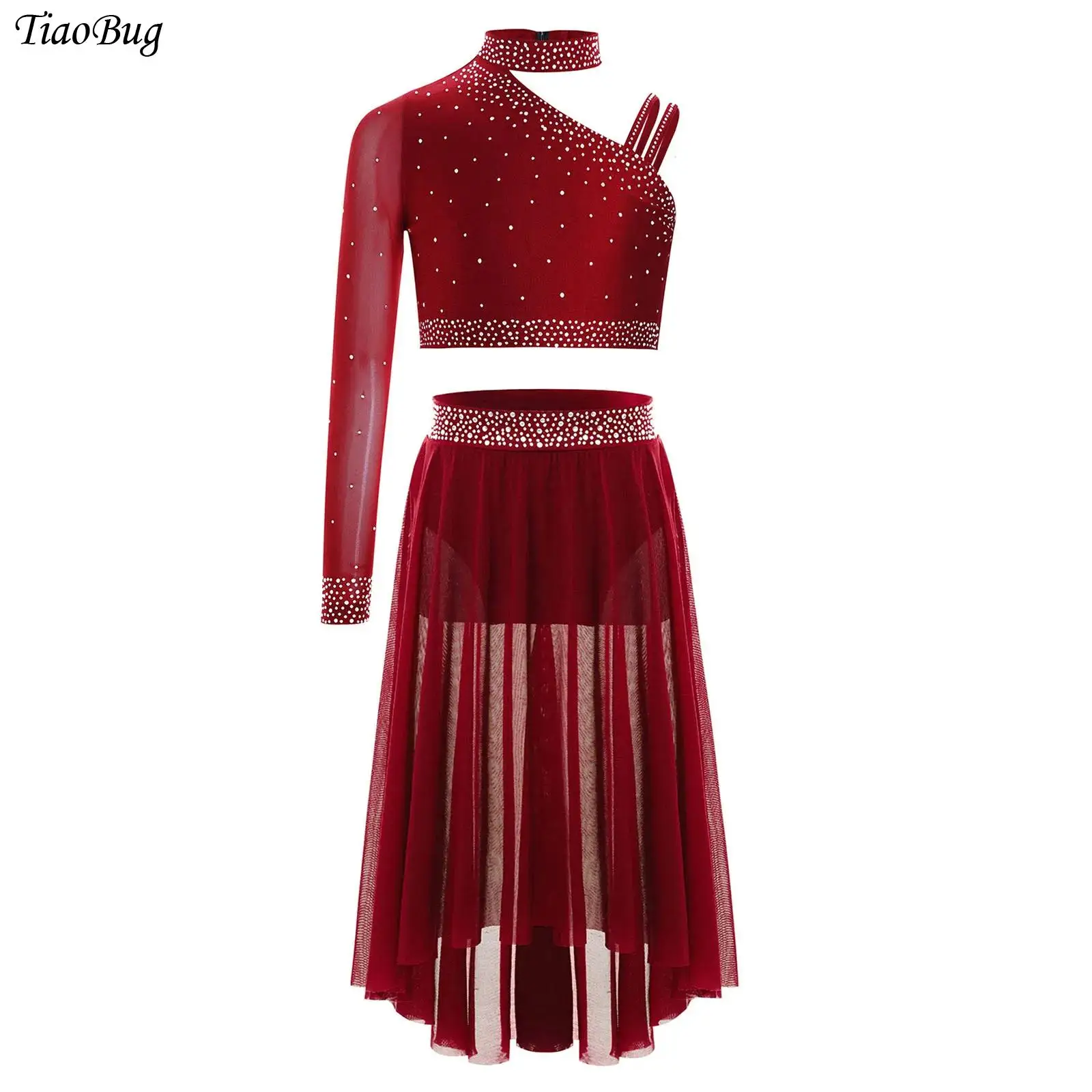 

Girls Modern Lyrical Dance Set Rhinestones Tops One Shoulder Crop Top with Side Slit Irregular Mesh Skirt Contemporary Dancewear