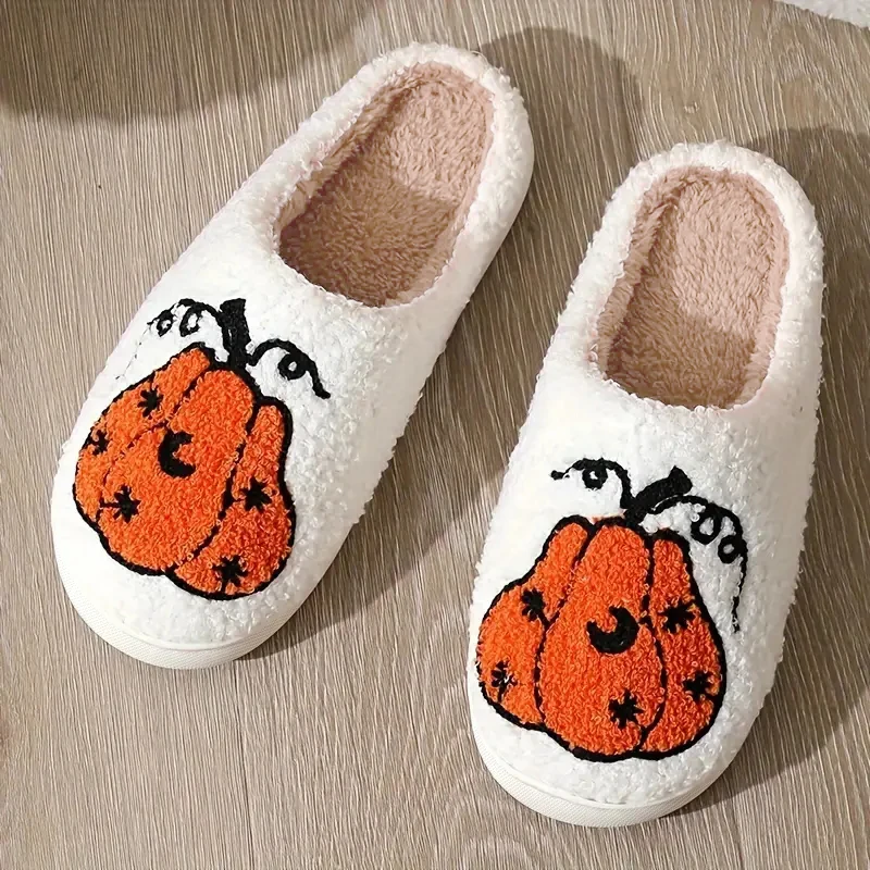 Winter Fluffy Slippers Women Home Funny Halloween Pumpkin Designer Shoes Ladies Fuzzy Fur Indoor Trend Plush Footwear Soft Sole