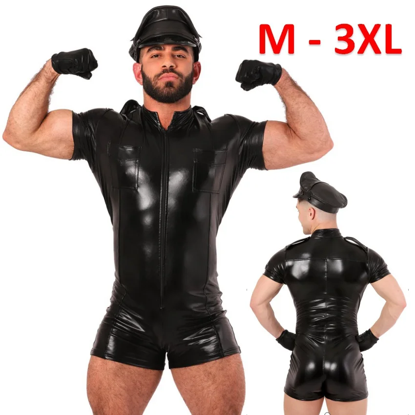 Camisas de cuero eróticas para hombres, Wetlook fetiche, uniforme de policía de piel sintética, disfraces Sexy, traje Zentai de Orgullo Gay, body