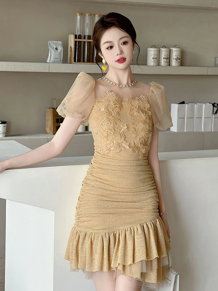 Summer Fashion Bright Silk Sparkly Gold Evening Dress Women Clothes Sweet Mesh Sheer Sexy Bubble Sleeve Slim Party Prom Vestidos