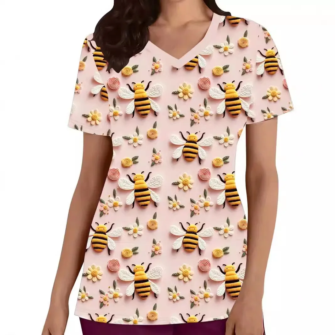 Ladies' casual versatile V-neck shoulder nurse nursing uniform trendy 3D honey bee flower digital printing duty work uniform