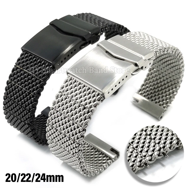 20mm 22mm 24mm Shark Milanese Steel Strap for Seiko Stainless Wrist Band Quick Release Bracelet Brushed Folding Buckle Strap