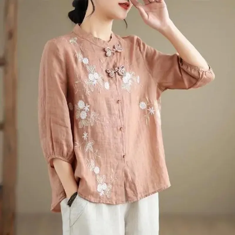 

National Style Disc Button Cotton Linen Three-quarter Sleeve Shirt for Women Summer Embroidery Chic Stand-up Collar Top Thin