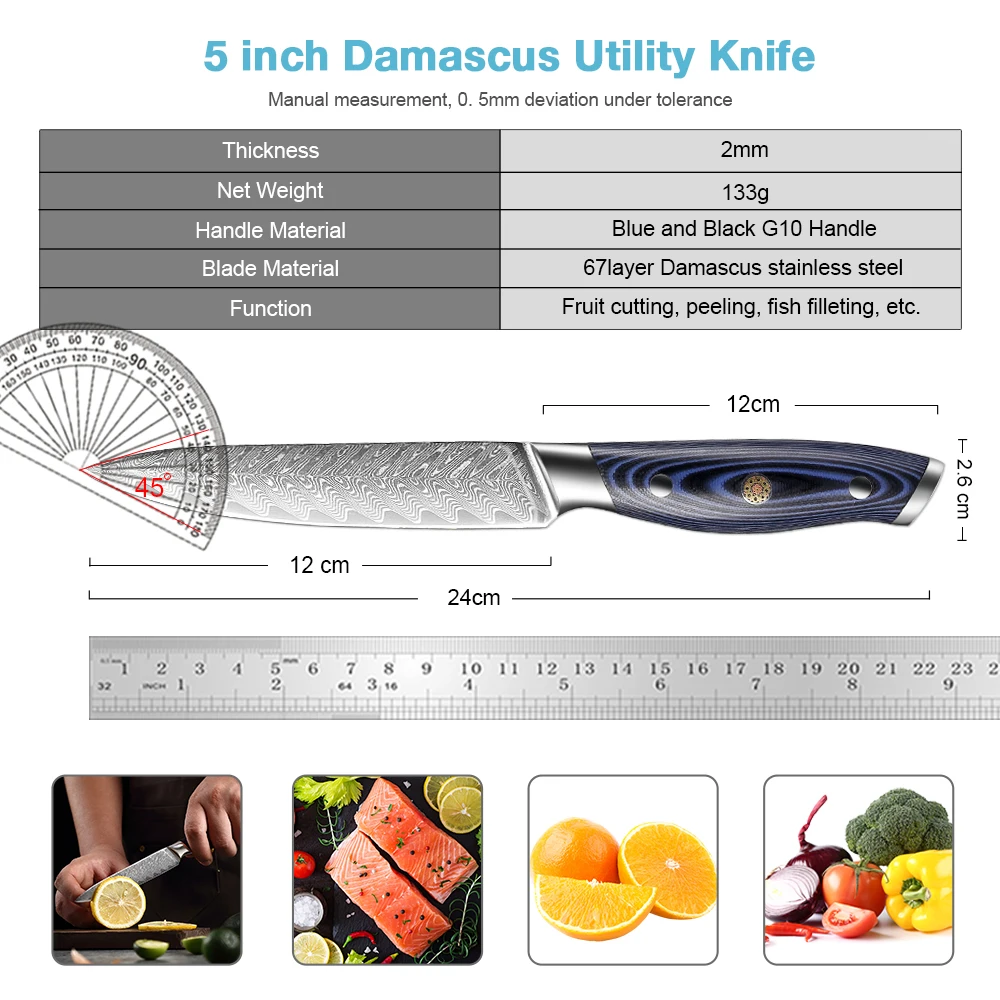 XITUO Damascus Utility Knife 5 Inch Professional Super Damascus Steel Kitchen Knives family Fruit Paring Knife Blue G10 Handle