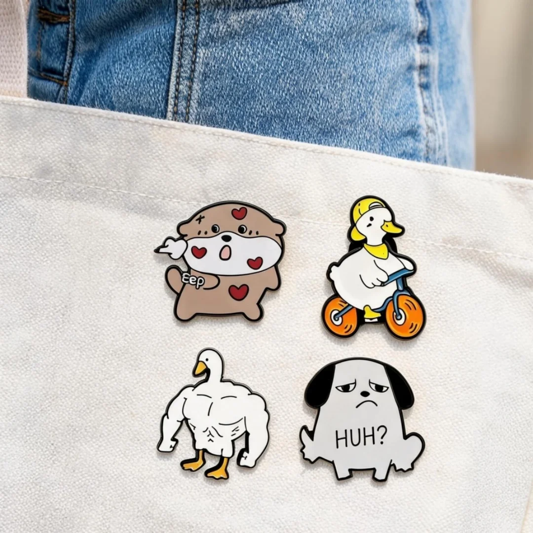 Cute Whimsical Animal Hard Enamel Badge Set Muscular Goose Biking Duck Grumpy Puppy Heart Otter Design Lapel PinDenimBagOrnament
