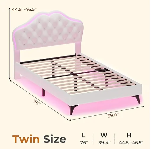 Twin Size Upholstered LED Bed Frame, Girls Twin Bed Frame with Adjustable Crystal Button Headboard, Velvet Princess Platform Bed