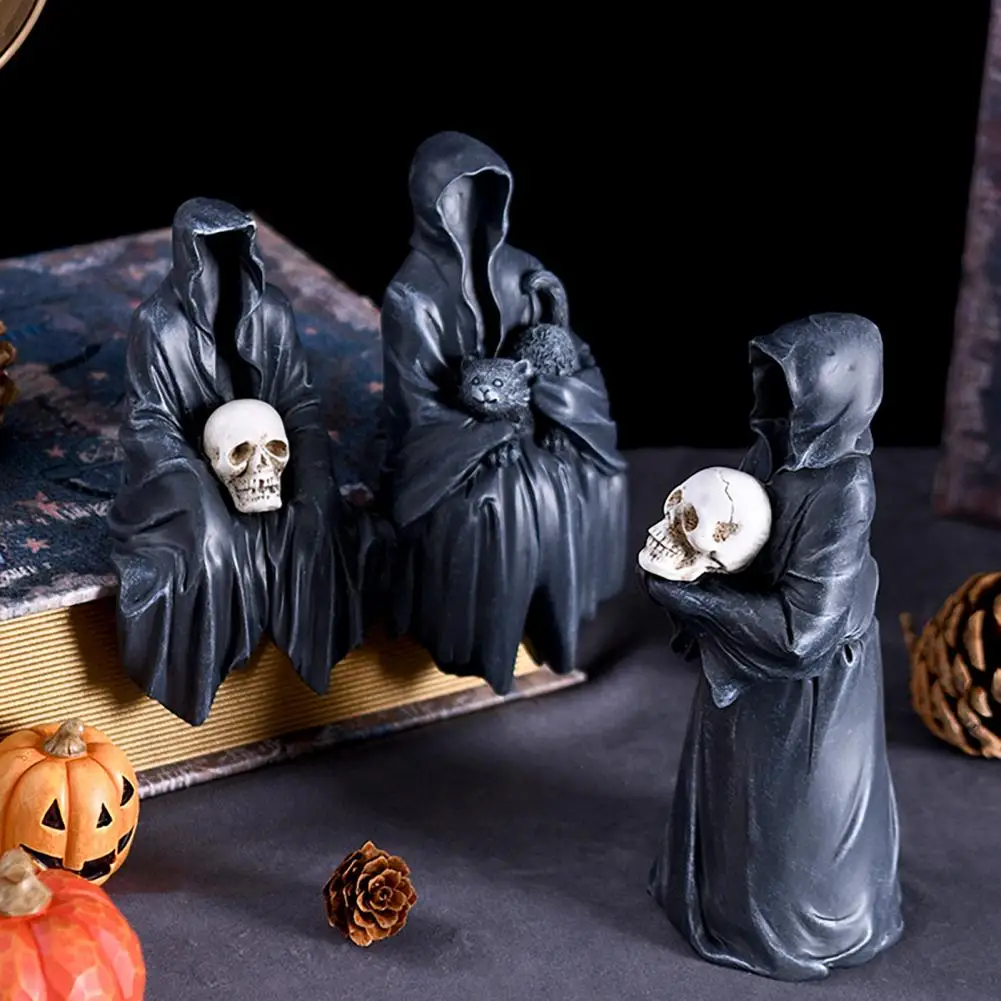 Halloween Grim Reaper Figurine Spooky Black Robe Death Ghost Resin Statue Sculpture Indoor Office Desktop Decoration Ornament