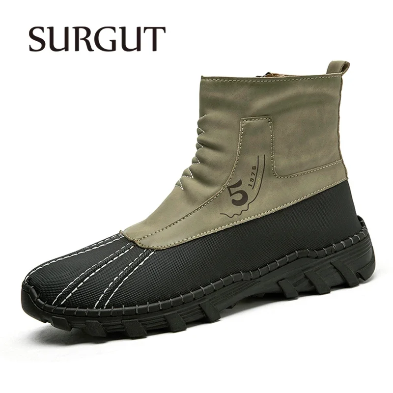 SURGUT Men Casual Boots Microfiber Leather Handmade Comfort Trend Street Stylish Plush Warmth Anti-Skid Zipper Boots Size 38-48