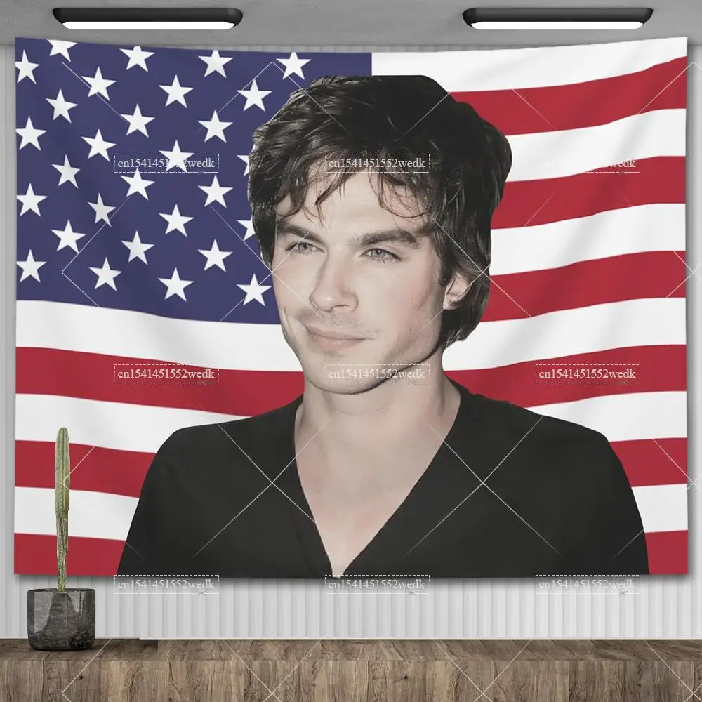 Ian Somerhalder American Flag Vampire Diaries Poster Damon Salvatorea Tapestrys Aesthetic Bedroom Decoration Party Banners