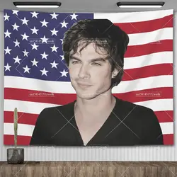 Ian Somerhalder American Flag Vampire Diaries Poster Damon Salvatorea Tapestrys Aesthetic Bedroom Decoration Party Banners