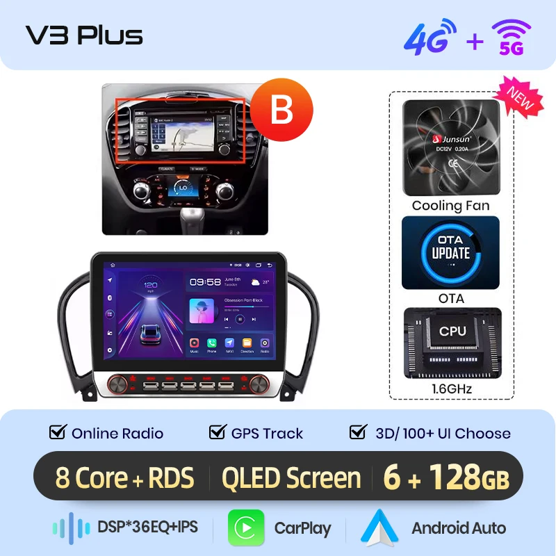 Junsun 13.1″ QLED Draadloze CarPlay Android Auto Autoradio Voor Nissan Juke F15 2010-2014 Intelligente Systemen DSP SWC RDS GPS FM