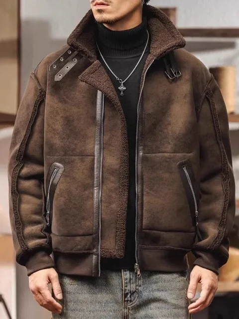 

Double-Sided Wear Leather And Fur Collar Jaet Men's Retro Biker Sle Loose Outerwear Warm Youthful Energy Winter Coat
