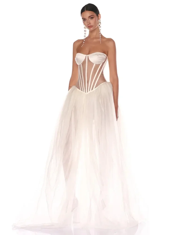 Women White Party Dress Elegant Mesh Strapless Bustier Corset Ball Gowns Wedding Birthday Celebrity Evening Dresses High Quality