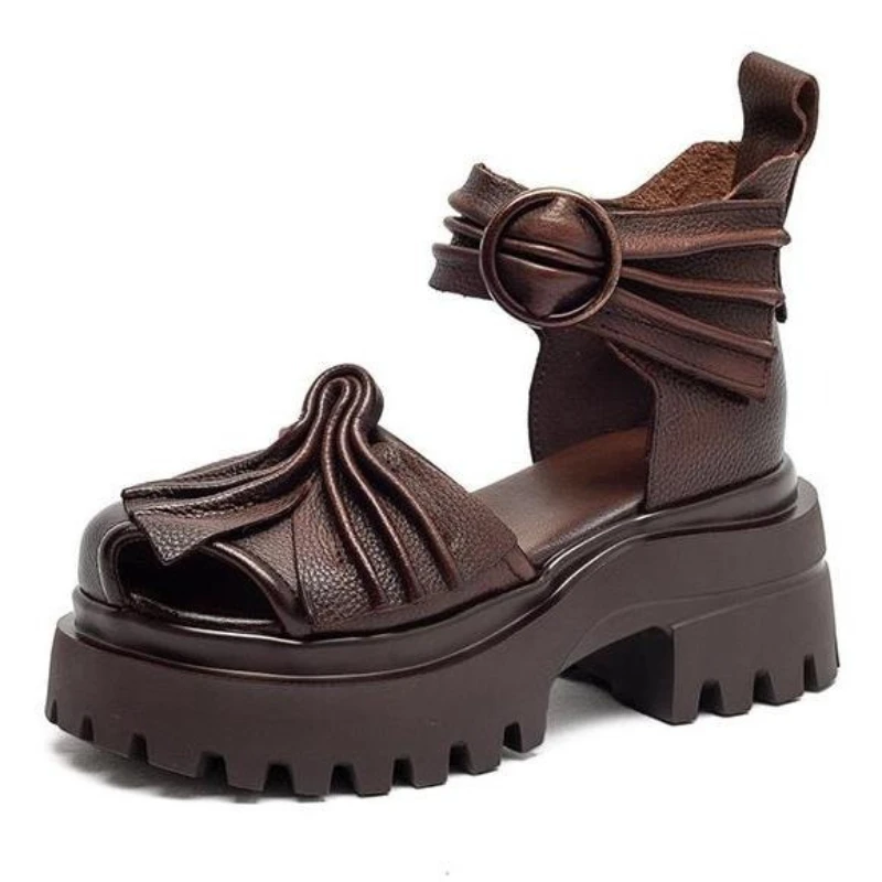 2026 New 7cm Luxurious Summer Genuine Leather Retro Pleated Thick Soled Sandals Comfortable And Breathable Women's Shoes