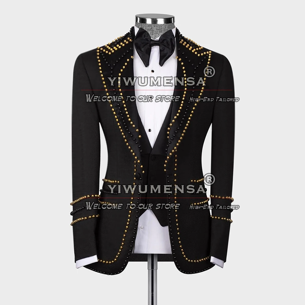 Luxury Groom Suit For Wedding Gold/Black Peals Man Blazer 3 Pieces Banquet Party Tuxedo Plus Size Formal Business Man Clothing