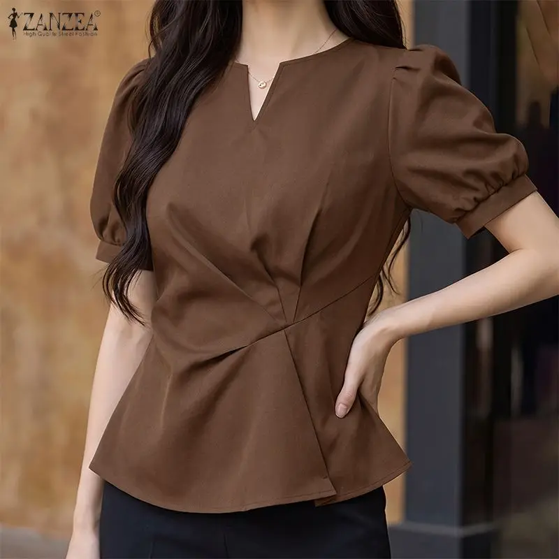 Fashion ZANZEA Women Blouse V Neck Puff Short Sleeve Tops Pleated Waist Elegant Summer Work OL Blusas Streetwear Tunic
