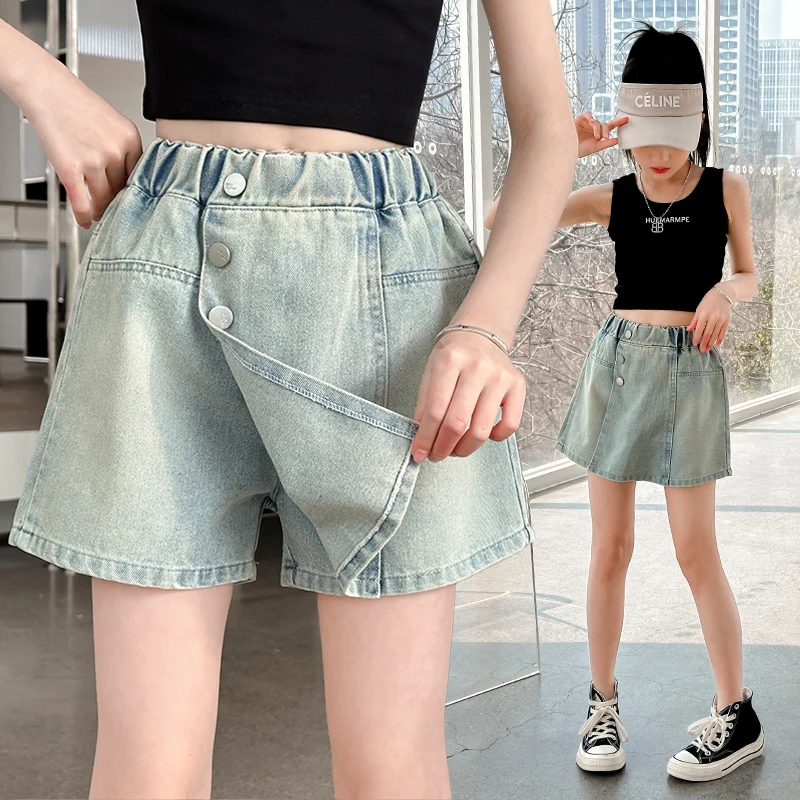 

New Kids Design Fashion Summer Denim Shorts under the Skirt for Teen Girl High Street Child Casual Button Mini Skirt with Shorts