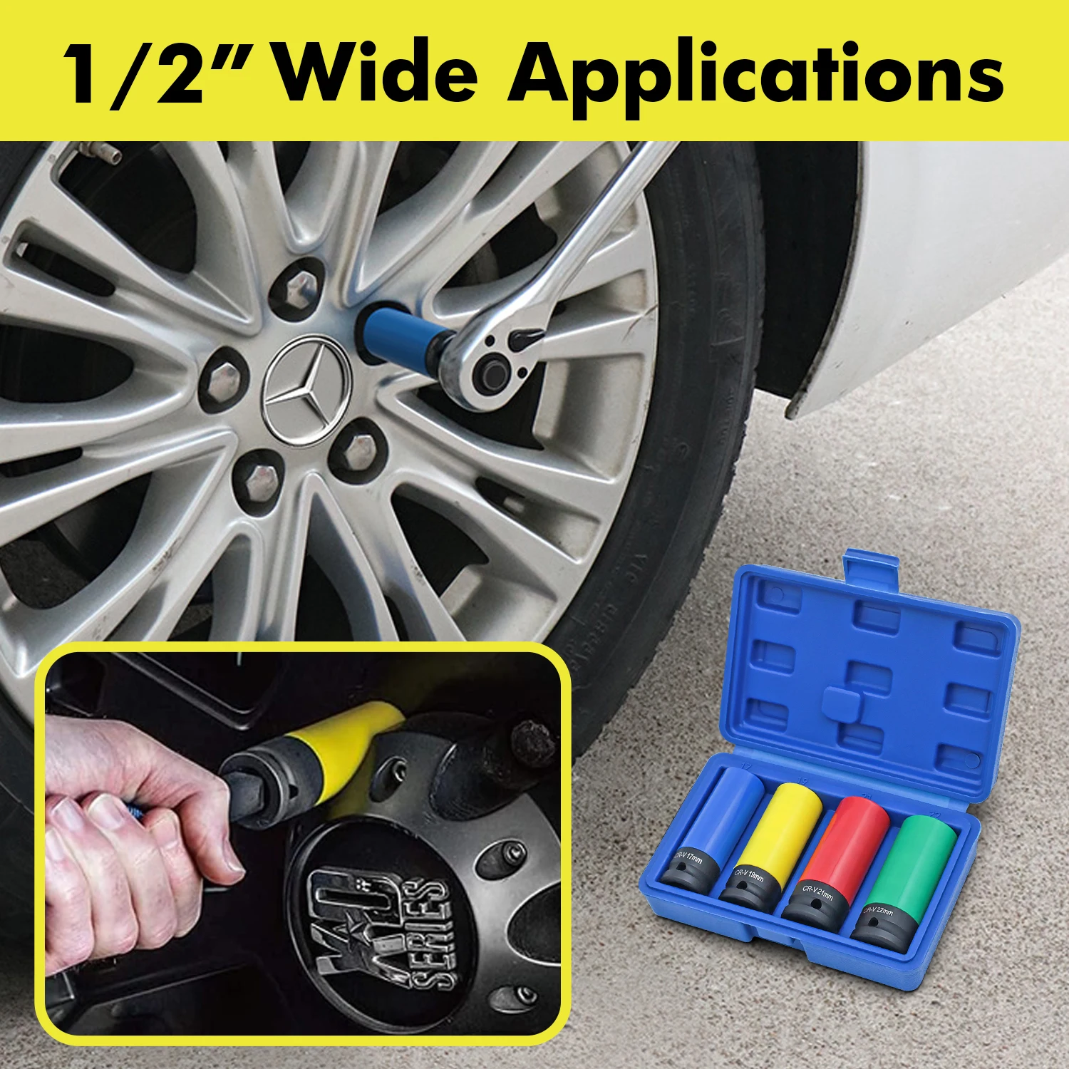 1/2' Drive Lug Nut Socket Set Drive Wheel Socket Auto Repair Protector Impact Sleeve Set 15mm, 17mm, 19mm, 21mm, and 22mm image 6
