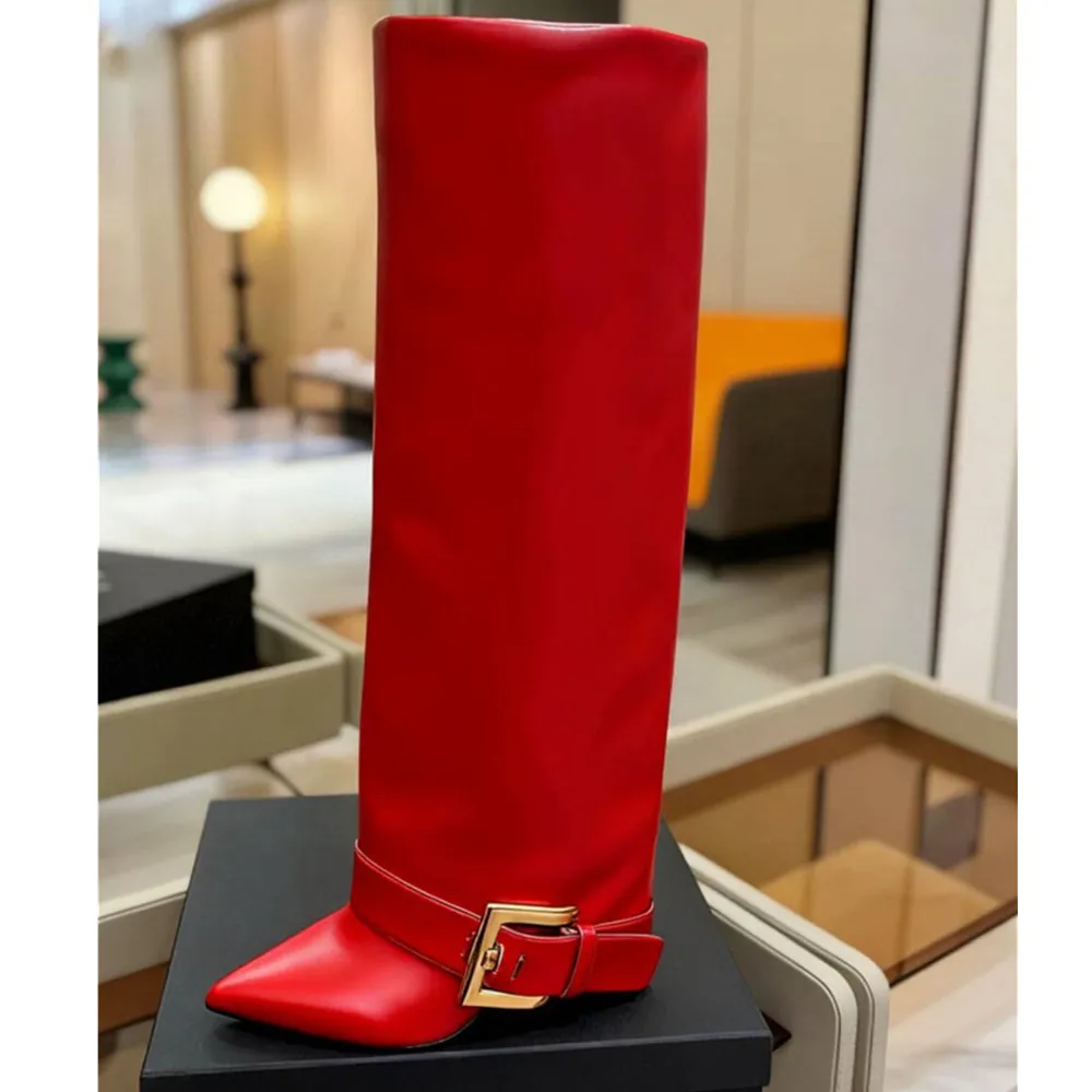 

Europe America Women Pointed Toe Long Boots for Woman's Slip-On Knee High Thin Heels Ankle Buckle Botas Mujer 2025 Designer Shoe