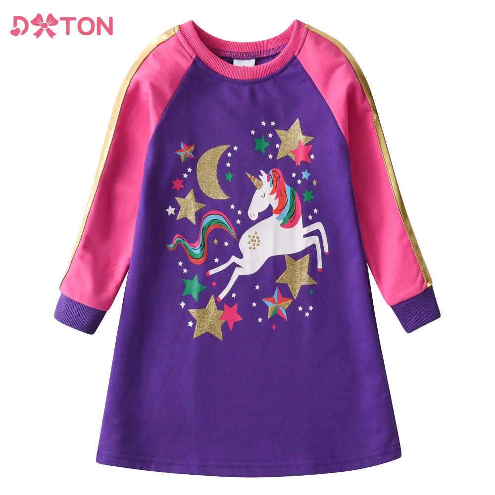 DXTON Girls Autumn Spring Dress Long Sleeve Kids Casual Dresses Unicorn Star Printed Kids Straight Dress Cotton Children Clothes