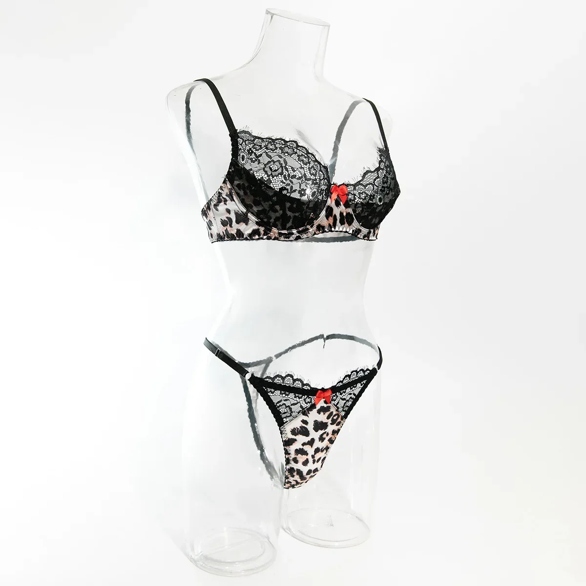 

Sexy Leopard Patchwork Two Piece Sets Fancy Lace Bow See Through Bras And Thongs Undersear Suit Erotic Outfits