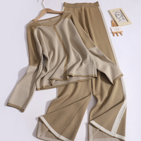 ITOOLIN Women Knit Striped Two-piece Set Casual V-neck Long Sleeved Pullover and Contrast Color High Waist Wide Leg Pants Suit