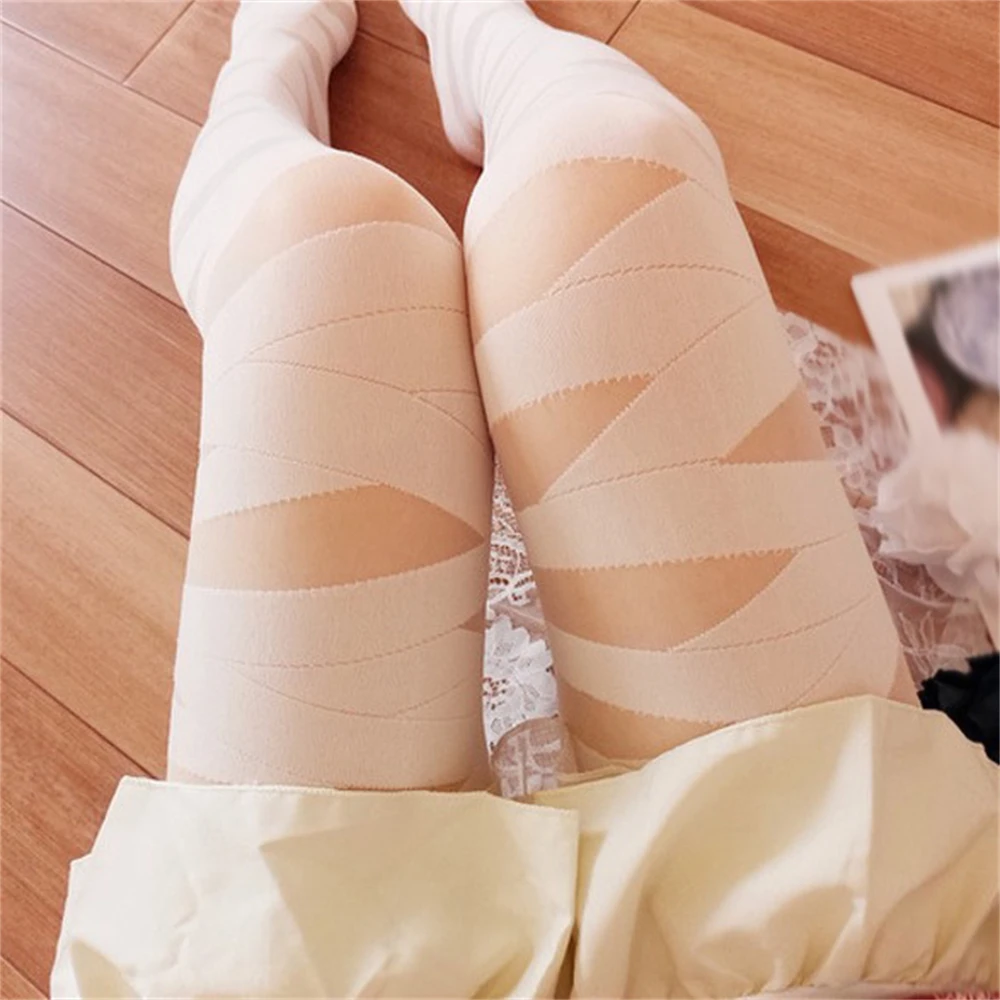 Hot Girls Lolita Crossed Bandage Printed Thin Pantyhose Stockings Milky White Thighs Tight Socks JK Uniform Cosplay Accessories