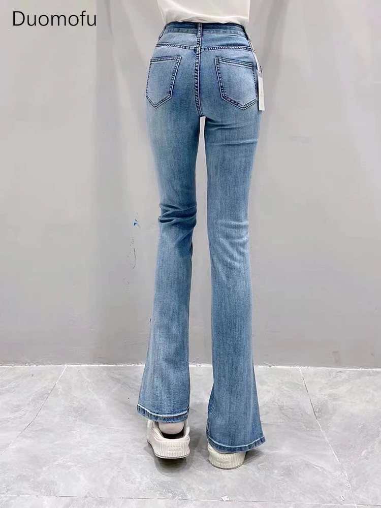 Duomofu Vintage Light Blue Elastic High Waist Slim Female Jeans Summer Chicly Split Fashion Flare Full Length Simple Women Jeans