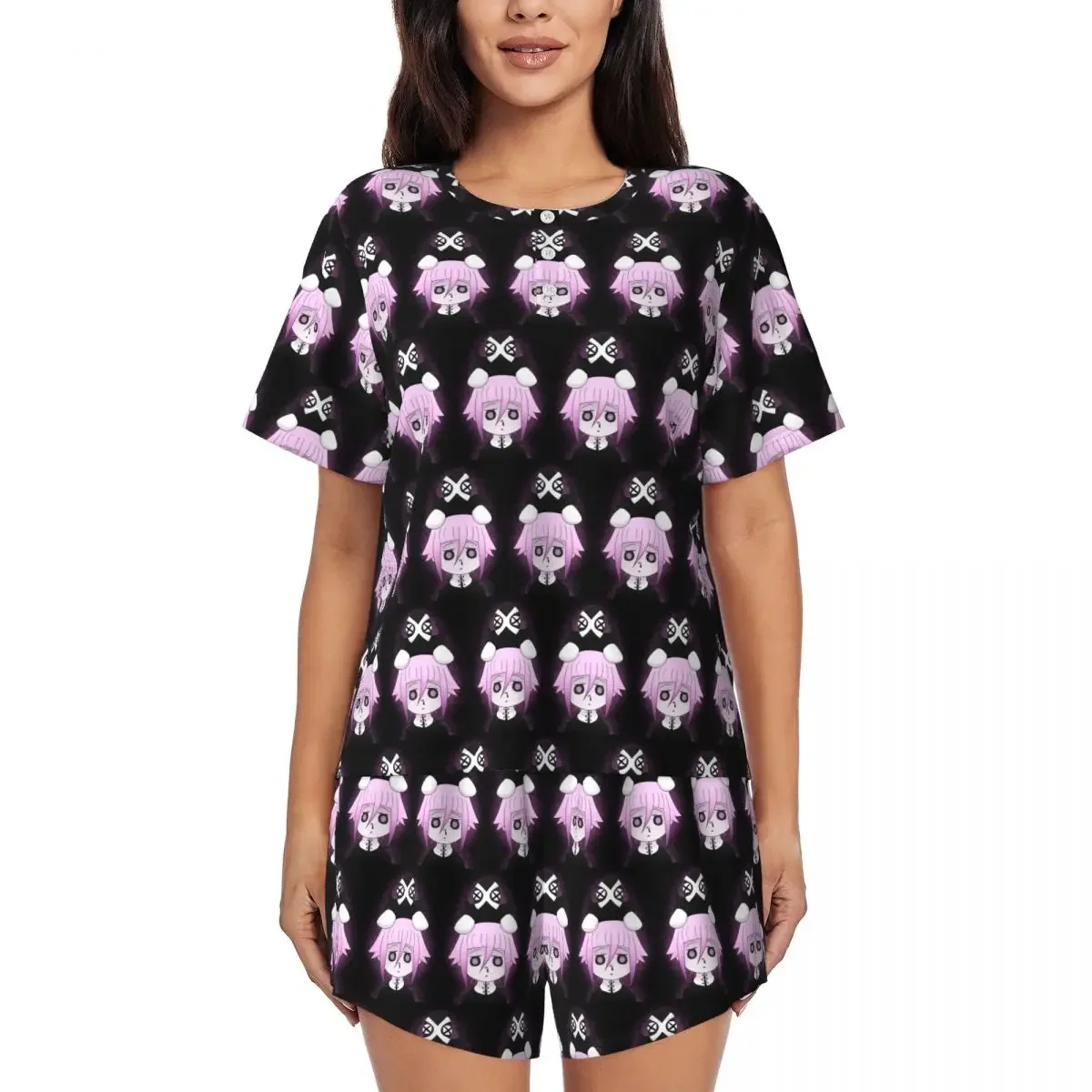 

Crona And Ragnarok Soul Eater Round Neck Short Sleeves Nightdress for Sleeping Sleepshirts Women Loose Pajama Set Short Pants